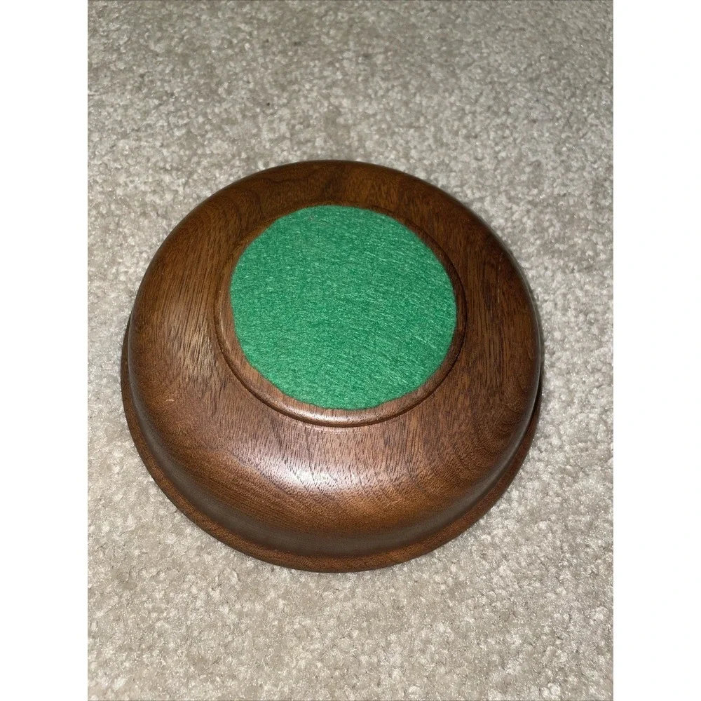 Vintage Solid Wood Round Decorative Bowl 7 Inch Green Felt Bottom Catchall Brown